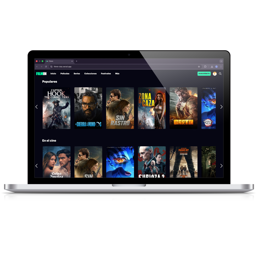 Mockup de ordenador mostrando una vista previa de web de Filmin, propuesta creada con React.