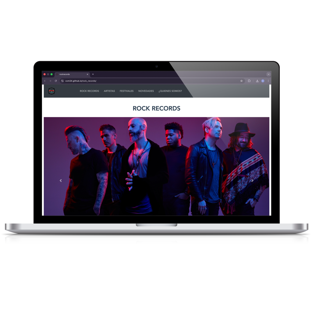 Mockup de ordenador mostrando una vista previa de la web de Rock Records, propuesta creada con Vue.